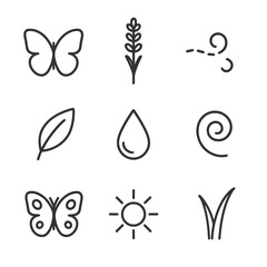 Butterflies in Lavender Icons. Outline icon set of butterflies in lavender field: butterfly silhouette, lavender spike, flutter