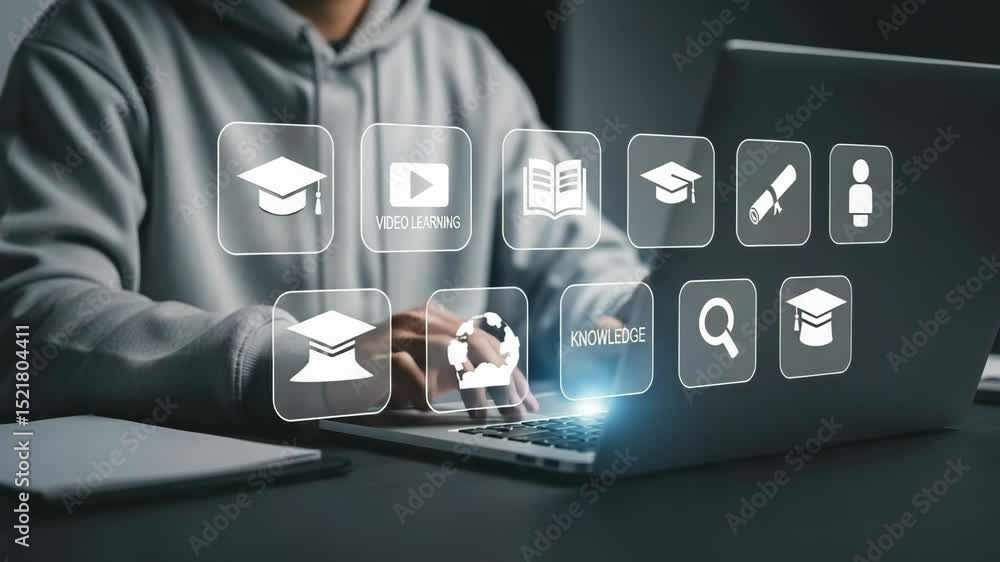 Poster Person in hoodie using laptop with educational icons floating above the keyboard and screen glow