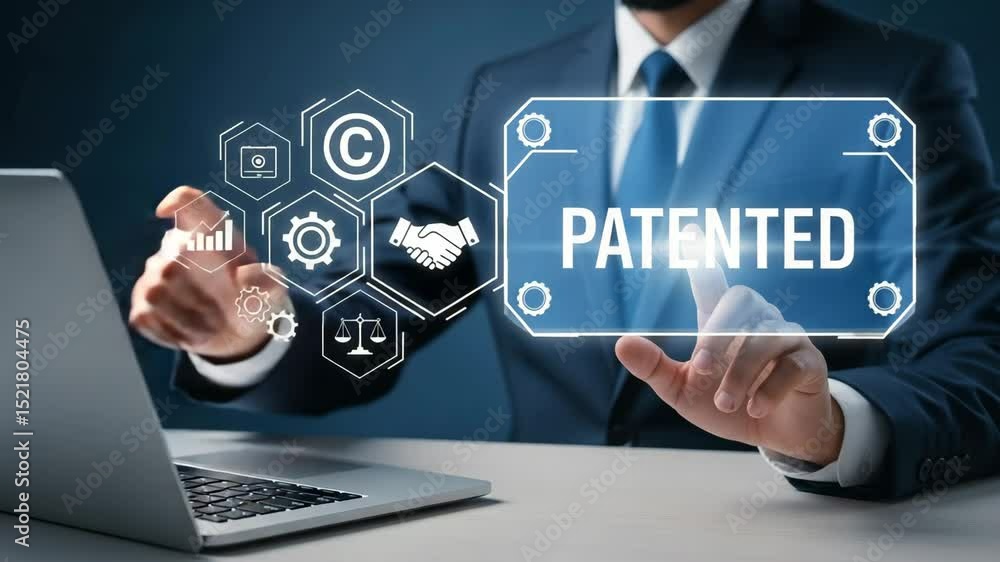 Poster man in suit using laptop with patented graphic overlay and copyright and business icons on screen