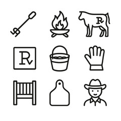 Cattle Branding Icons. Outline icon set of cattle branding: branding iron, branding fire pit, cow flank, branding stencil, cooling