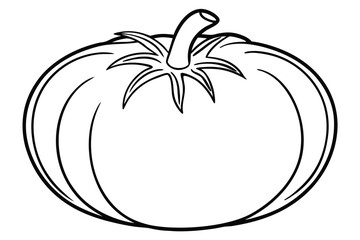 Simple tomato outline with stem and leaf details, black and white illustration