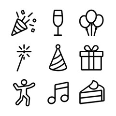 Celebration Icon Set. Outline icon set of blissful celebrations: confetti burst, champagne flute, balloon bouquet, sparkler stick,