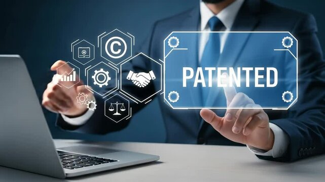 Man in suit using laptop with patented graphic overlay and copyright and business icons on screen