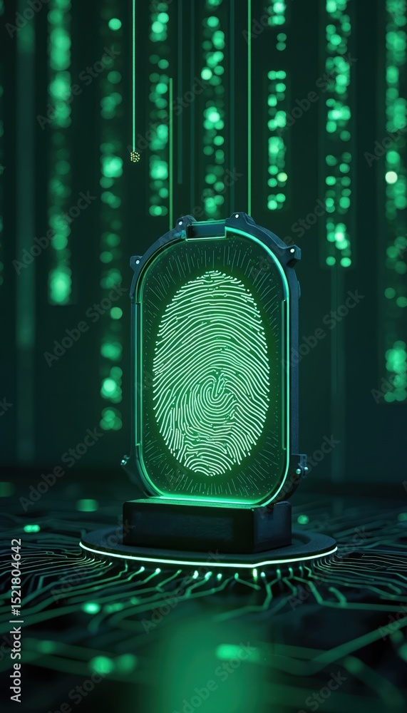 Fototapete Futuristic fingerprint scanner with green data streams background. High tech biometric authentication. Secure personal identification, data protection. Advanced technology access control, digital