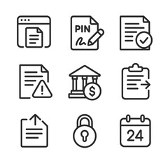 Electronic Filing Icons. Outline icon set of electronic filing features: e-file portal, PIN signature, acknowledgment letter,