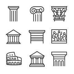 Classical Architecture Icons. Outline icon set of classical architecture: Doric column, Ionic volute, Corinthian capital,