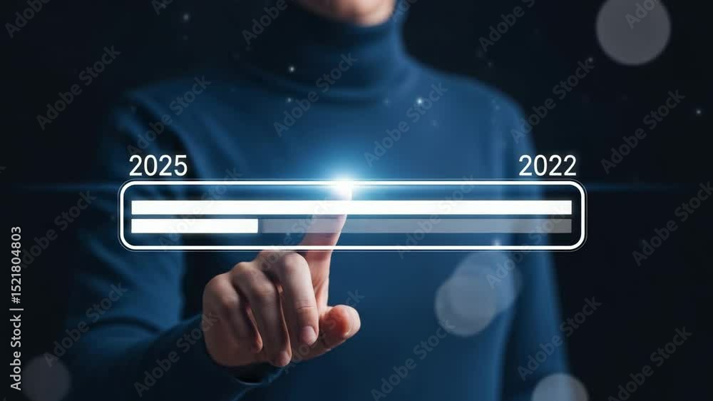 Poster A person touches a loading bar with the year two thousand twenty five on a blue background with bokeh