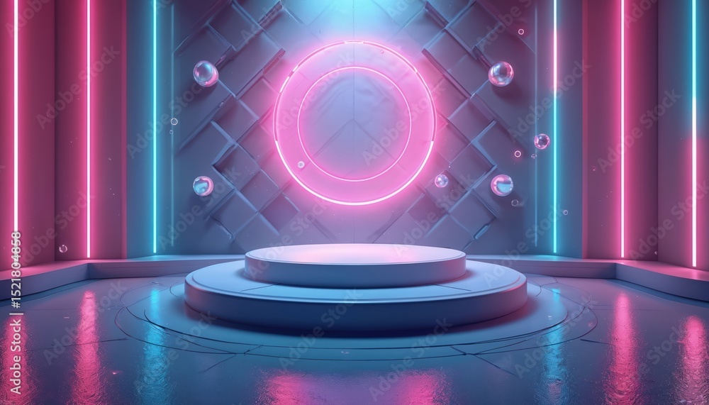 Poster retro futuristic podium with neon lights for product presentation. empty stage with glowing laser ci