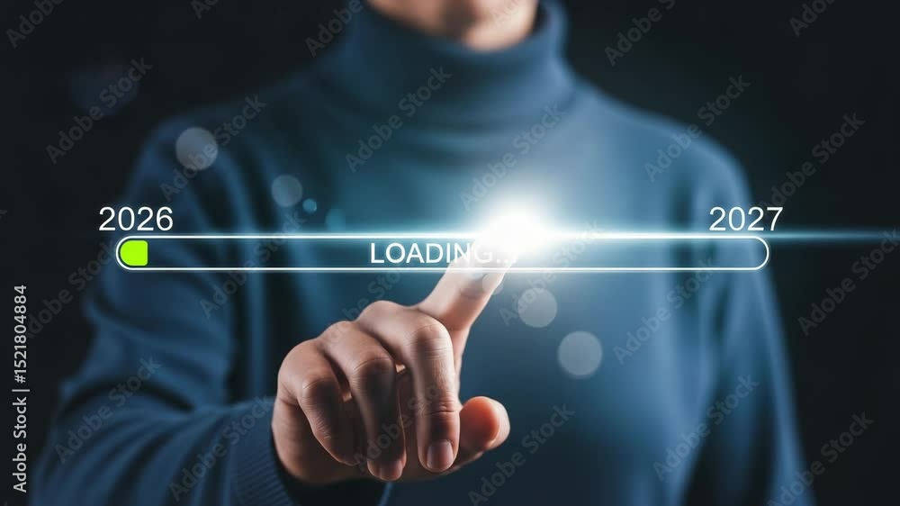 Poster Close up of a finger touching a loading bar showing the years between twenty twenty six and seven