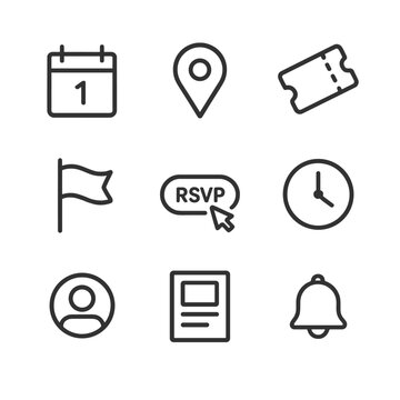Event Icon Set. Outline icon set of local event listings: calendar date, event pin, ticket stub, location flag, RSVP button, time