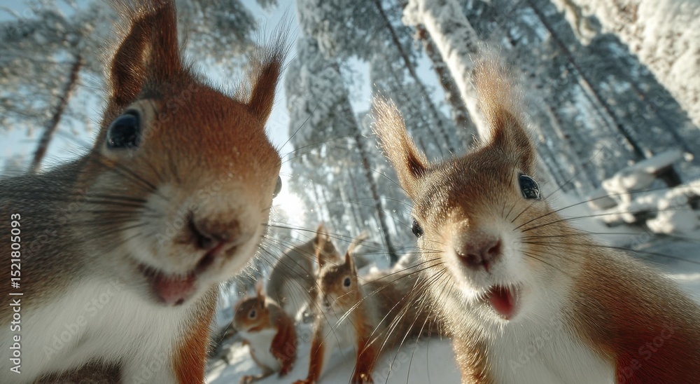 Poster close-up of red squirrels in a snowy forest, representing wildlife conservation and winter holiday g