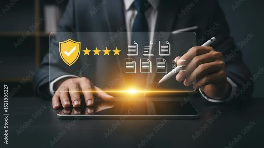Poster Man in suit using tablet with digital shield stars and document icons overlaying the screen