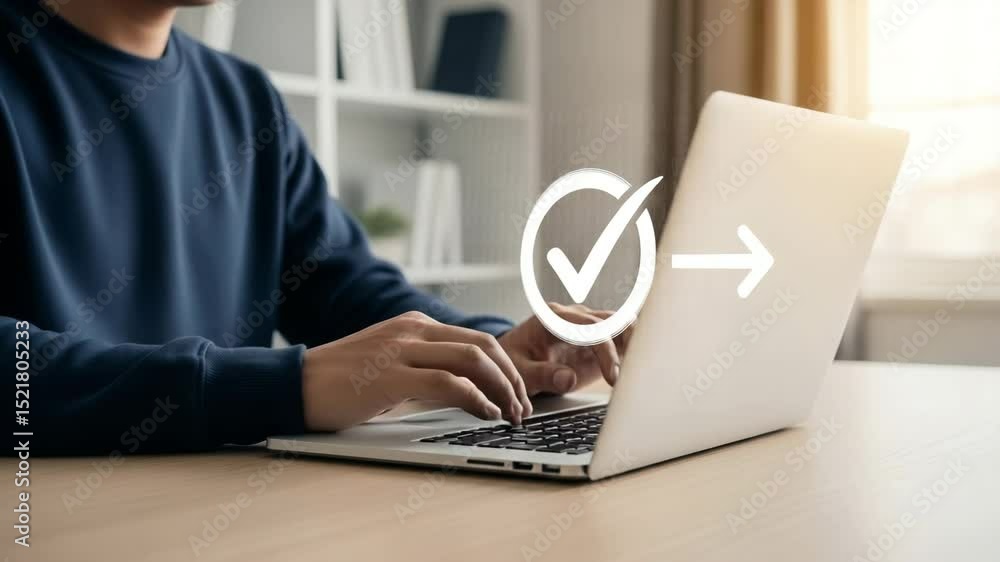 Poster person typing on laptop with checkmark and arrow graphic overlay in bright office setting