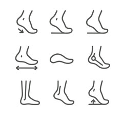 Obraz premium Foot Biomechanics Icons. Outline icon set of foot strike biomechanics: heel strike, midfoot strike, toe-off, stride length arrow,