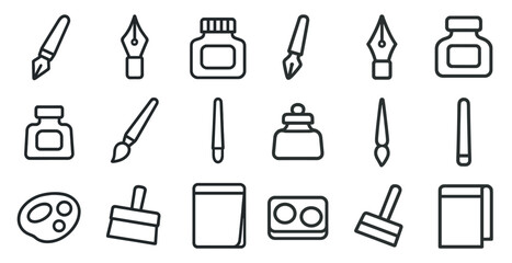 Art and design tools collection featuring brushes, inks, and palette