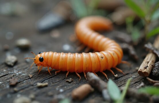 Close-up of orange click beetle larva Alaus oculatus on wood surface. Wireworm beetle larvae. Pest insect, detailed macro photo, shows segmented body and black eyes. Focus on invertebrate, wildlife.
