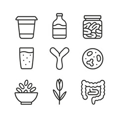 Gut Microbiome Icons. Outline icon set of gut microbiome and probiotics: yogurt cup, kombucha bottle, kimchi jar, kefir glass,