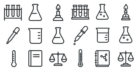 Chemistry and lab equipment icons for scientific research and education design