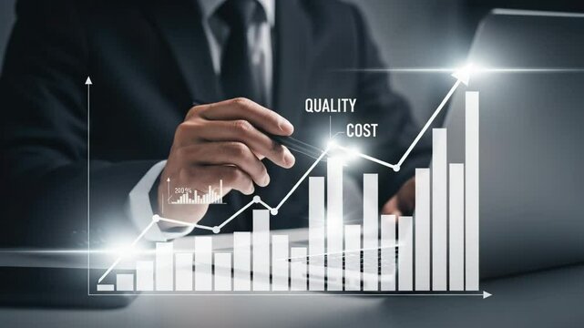 Businessman analyzing quality and cost charts on laptop for business growth strategy report view