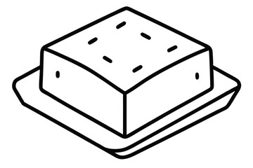 Stylized Black and White Drawing of Small Square Cake on a Platter