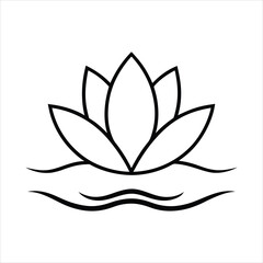 Minimalist Lotus Flower Icon Above Stylized Water Waves in Black and White