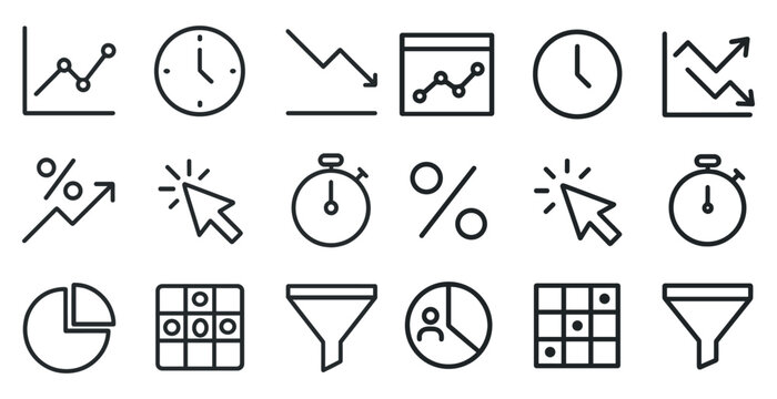 Business analytics icons for time management and data analysis
