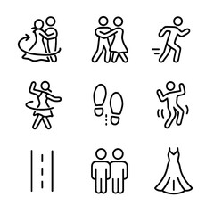 Ballroom Dance Icons. Outline icon set of ballroom dance styles: waltz swirl, foxtrot stride, quickstep dash, rumba hip circle,