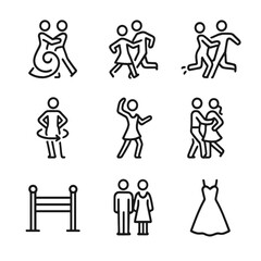 Ballroom Dance Icons. Outline icon set of ballroom dance styles: waltz swirl, foxtrot stride, quickstep dash, rumba hip circle,