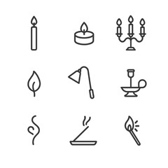 Candlelight Ritual Icons. Outline icon set of candlelight rituals: taper candle, tealight, candelabra, flickering flame, candle