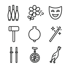 Fototapeta premium Classic Clown Props Icons. Outline icon set of classic clown props: juggling pins, squirting flower, comedy mask, oversized hammer