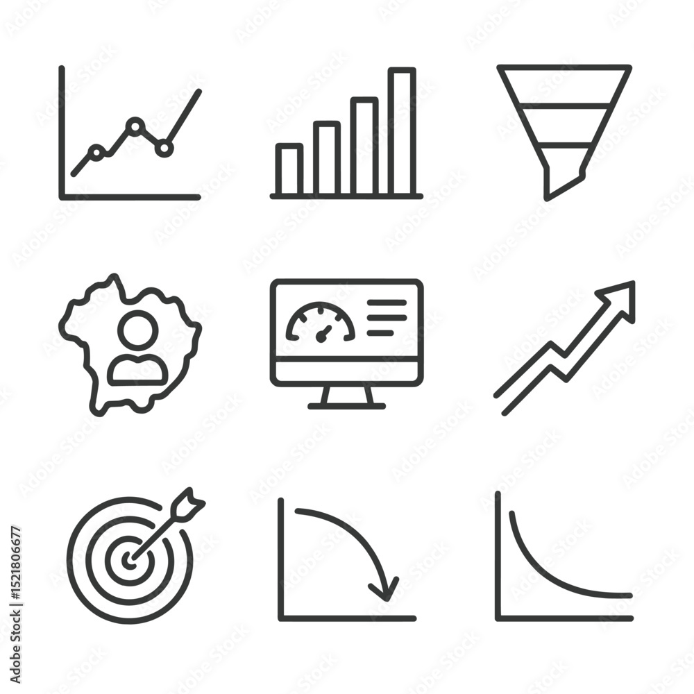 Aufkleber analytics icon set. outline icon set of analytics and growth: line chart, bar graph, conversion funn