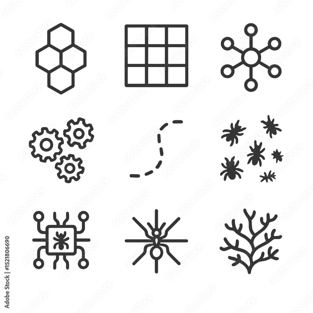 Aufkleber ant-inspired icon set. outline icon set of ant-inspired design: honeycomb pattern, modular grid, net