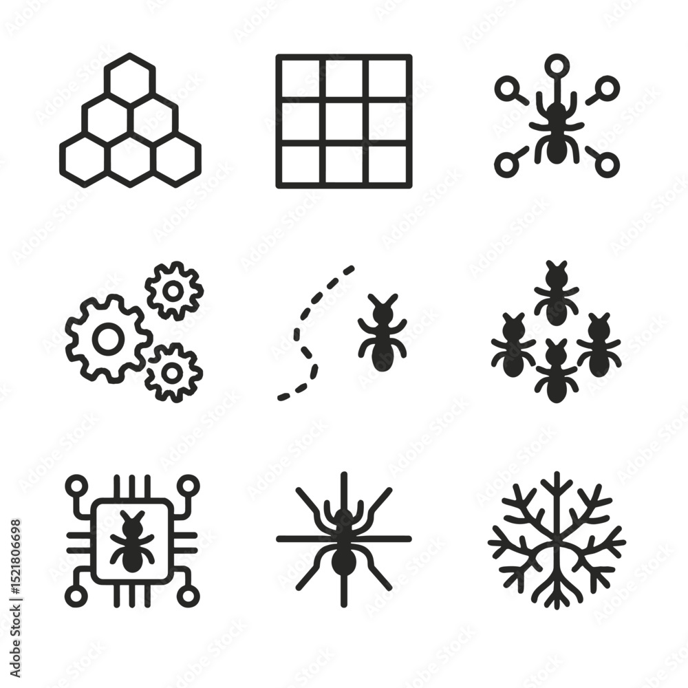 Poster ant-inspired icon set. outline icon set of ant-inspired design: honeycomb pattern, modular grid, net