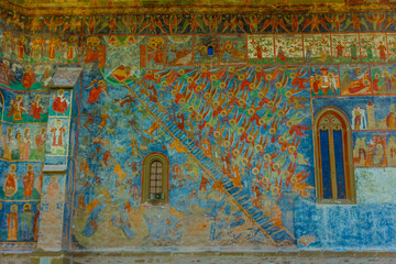 Amazing colorful painted monastery of Sucevita, Bucovina,  Romania