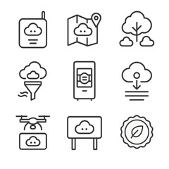 Air Quality Icon Set. Outline icon set of air quality monitoring: pollution sensor, smog map, green canopy, emission filter, mask