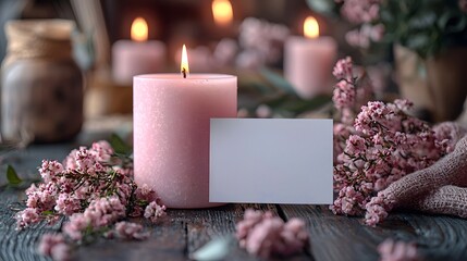A soft pink candle and a blank white card symbolizing warmth and self care