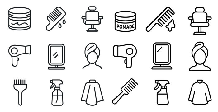 Hair salon essentials icon set for styling and grooming design projects