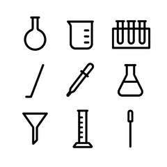 Obraz premium Chemistry Instruments Icons. Outline icon set of chemistry instruments: retort, beaker, test tube rack, stirrer, pipette,