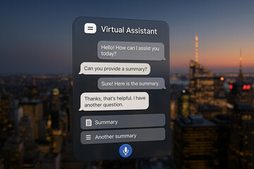 Obraz premium Augmented Reality Virtual Assistant Interface with Chat Bubbles over City Skyline – AI Technology Concept