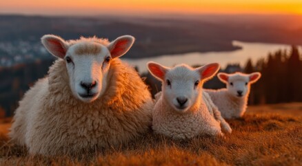 Fototapeta premium Sheep Family Resting on Hillside at Sunset, Symbolizing Rural Serenity and Agricultural Heritage in a Warm, Pastoral Setting : Generative AI