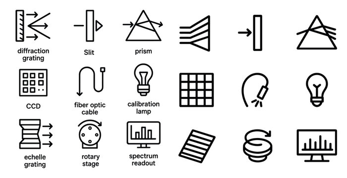 Optical instruments and components icons for science and technology design