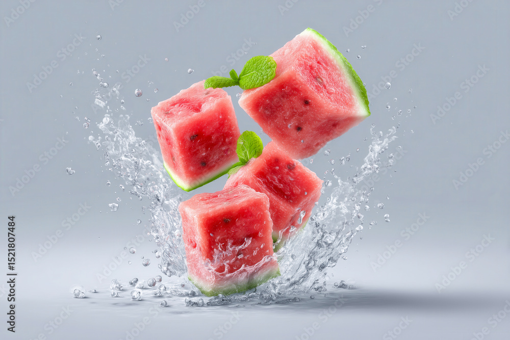 Poster watermelon cubes burst through splashing water creating a dynamic visual effect. crisp and refreshin