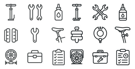 Bicycle repair tools and accessories icon set for maintenance and diy projects