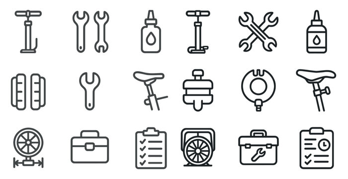 Bicycle repair tools and accessories icon set for maintenance and diy projects