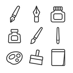 Ink Illustration Icons. Outline icon set of ink illustration tools: fountain pen, dip nib, ink bottle, inkwell, brush, pen holder,