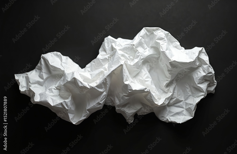 Poster wet, crumpled white paper on black backdrop. crinkled sheet of paper with many wrinkles. document re