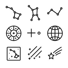Constellation Icon Set. Outline icon set of constellation maps: big dipper, orion’s belt, cassiopeia, zodiac circle, connecting