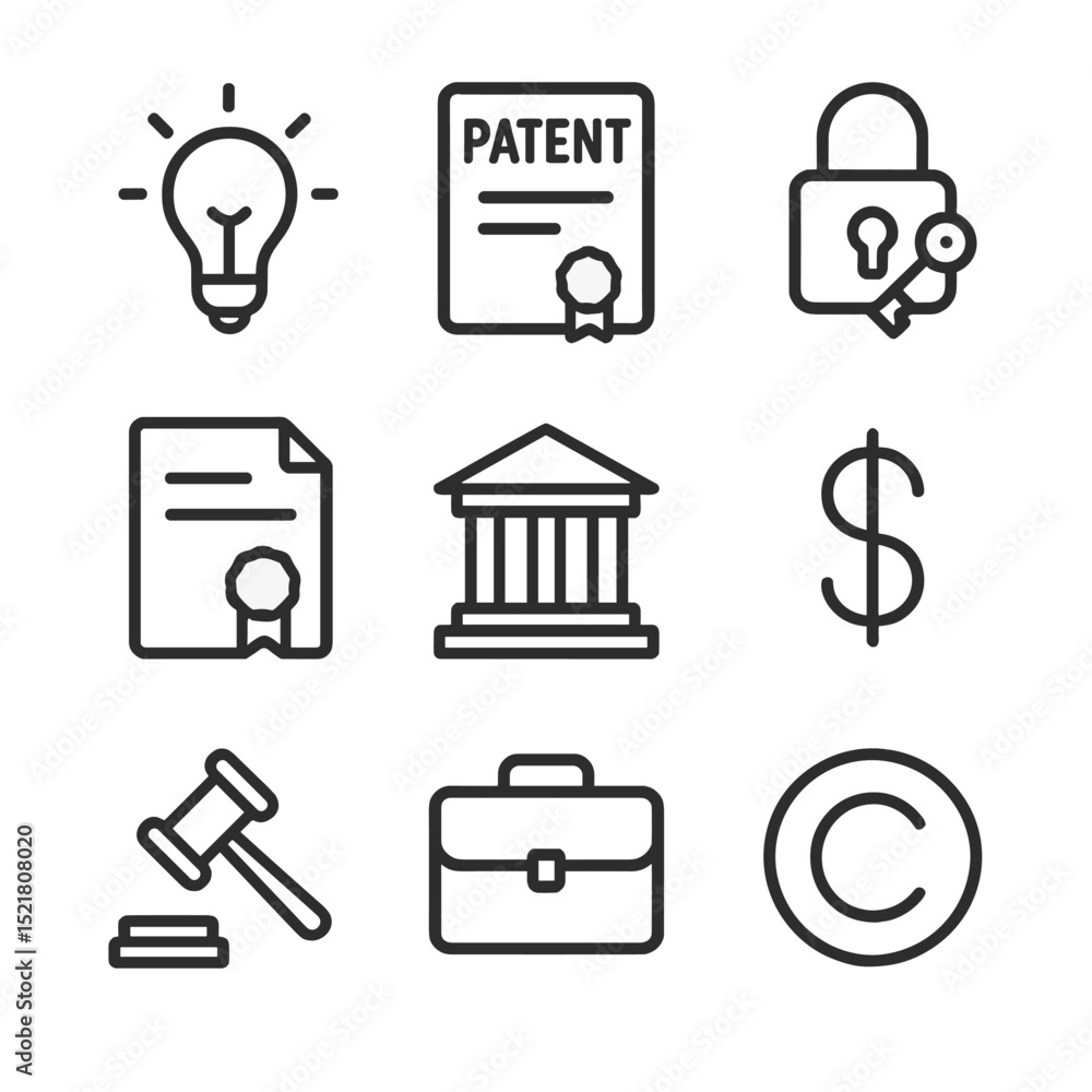Poster patent and ip icons. outline icon set of patent and ip issues: light bulb idea, patent certificate, 