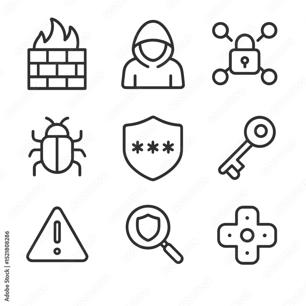 Poster cybersecurity icon set. outline icon set of cybersecurity risk management: firewall, hacker silhouet