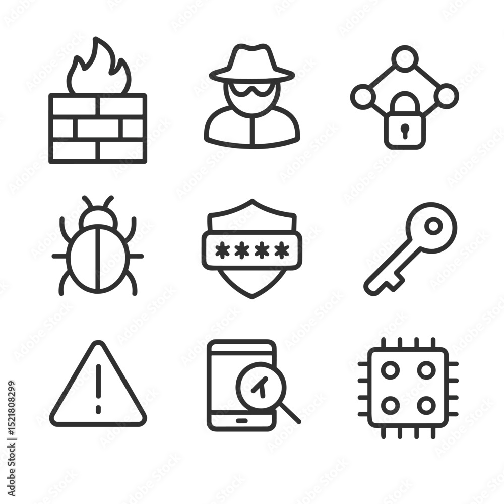 Poster cybersecurity icon set. outline icon set of cybersecurity risk management: firewall, hacker silhouet